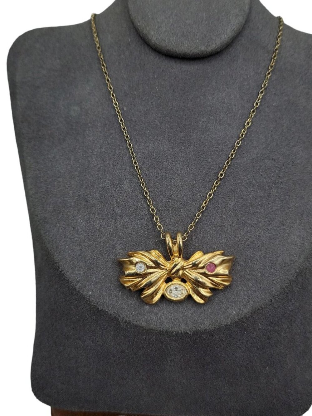 Crystal Accented Butterfly Pendant Necklace Gold Tone 18" Chain